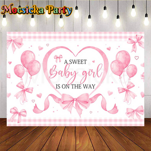Mocsicka A Sweet Baby Girl Is On The Way Backdrop with Pink Bow and Balloons for Baby Shower