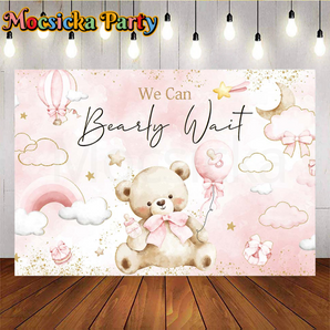 Mocsicka We Can Bearly Wait Backdrop with Pink Teddy Bear for Baby Shower