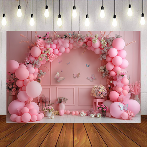 Mocsicka Pink Flowers Balloons and Butterflies Birthday Backdrop