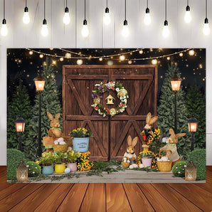 Mocsicka Spring Easter Party Bunny Wooden Door The Wreath Family Photo Backdrop