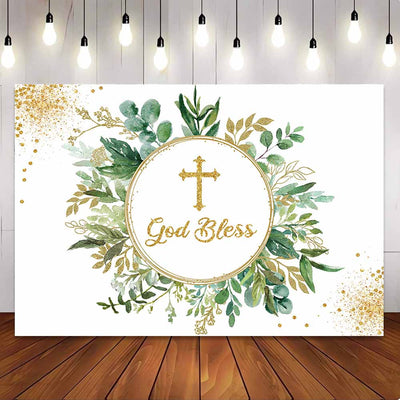 [Only Ship To U.S] Mocsicka God Bless Gold Cross Baby Shower Party Backdrop-Mocsicka Party