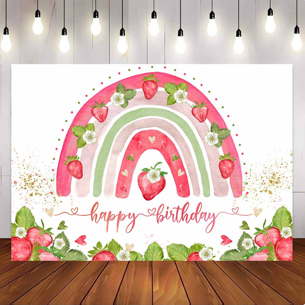 [Only Ship To U.S] Mocsicka Sweet Strawberry Rainbow Happy Birthday Backdrop-Mocsicka Party