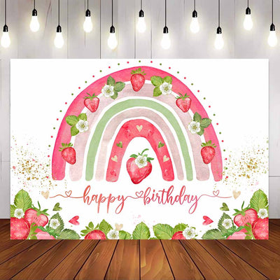 [Only Ship To U.S] Mocsicka Sweet Strawberry Rainbow Happy Birthday Backdrop-Mocsicka Party