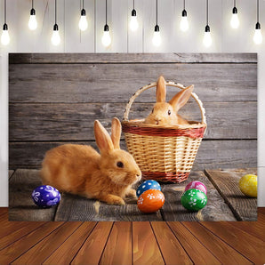 Mocsicka Easter Brown Wooden Board Bunny Eggs Photography Backdrop