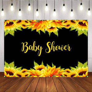 Mocsicka Black Backdrop Sunflower Watercolor Flowers Golden Baby Shower Party Backdrop