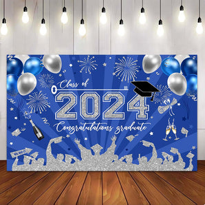 Mocsicka Blue and Silver Class of 2024 Congratulations Graduate Party Backdrop