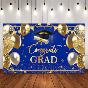 Mocsicka Golden and Blue Congrats Grad Party Backdrop