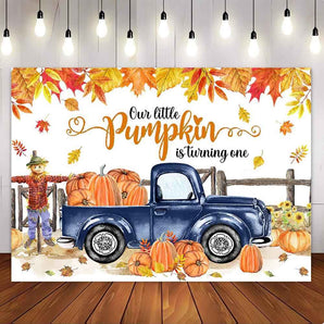Mocsicka Blue Truck Our Little Pumpkin is Turning One Happy Birthday Party Backdrop-Mocsicka Party