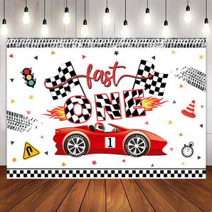 Mocsicka Racing Car Fast One Children Happy Birthday Party Backdrop