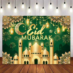 Mocsicka Eid Mubarak Green Backdrap Banner Large Eid Al-Fitr for Party Decor