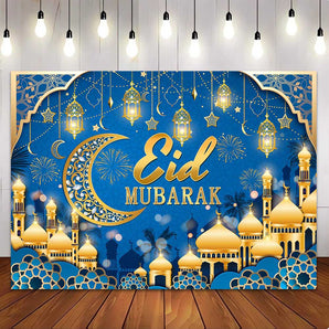 Mocsicka Blue Eid Mubarak Party Backdrop for Eid Al-Fitr Party Decorations Backdrop
