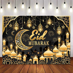 Mocsicka Black Eid Mubarak Party Backdrop for Eid Al-Fitr Party Decorations Backdrop