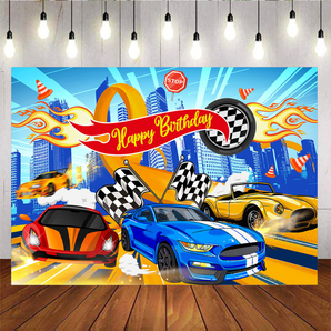 Mocsicka Hot Wheels Racing Car Happy Birthday Party Backdrop for Kids