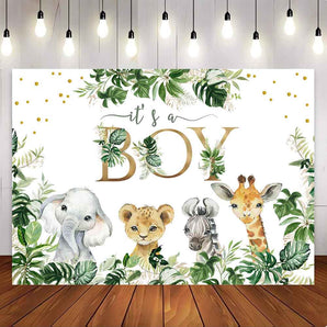[Only Ship To U.S] Mocsicka It's a Boy Little Animals and Plam Leaves Baby Shower Party Backdrop-Mocsicka Party