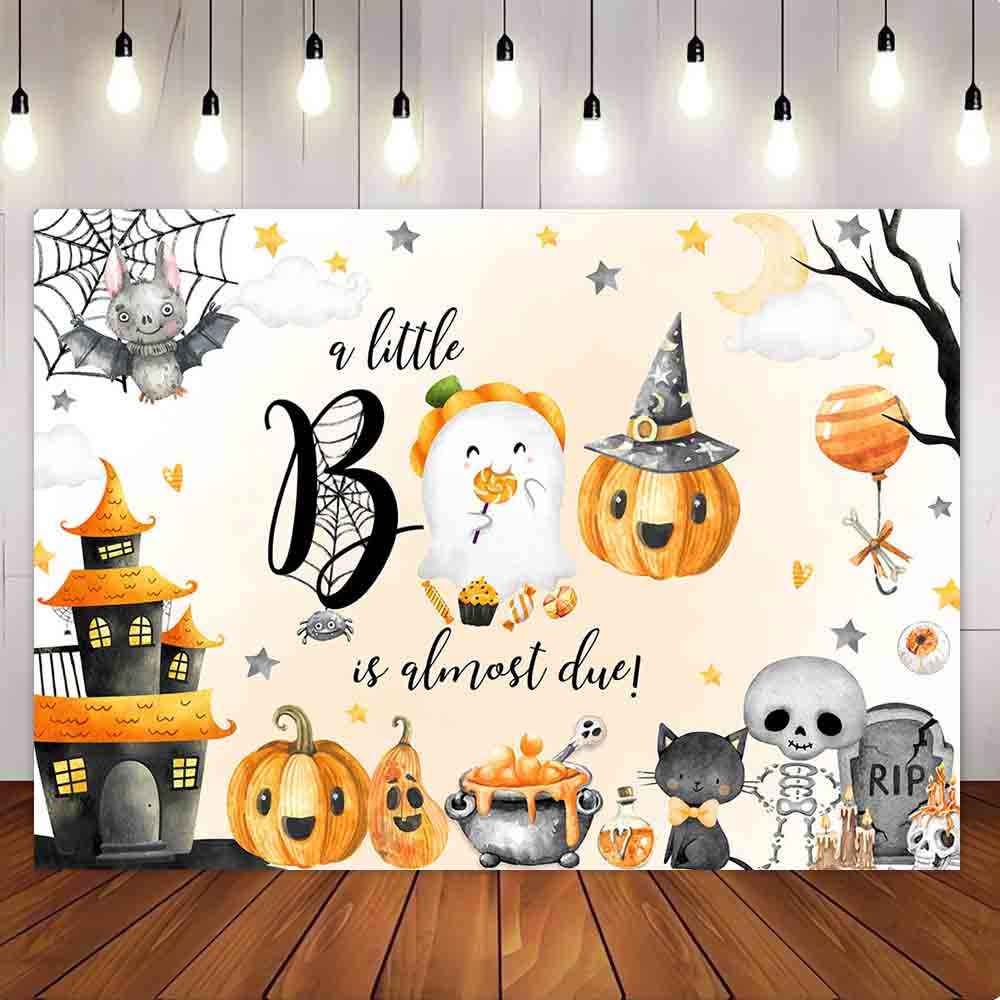 Mocsicka Pumpkin Halloween Theme A Little Boo Almost Due Baby Shower Party Backdrop-Mocsicka Party