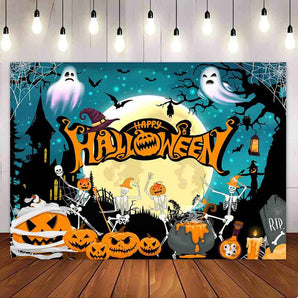 Mocsicka Moonlight Skull Evil Pumpkin Happy Halloween Party Backdrop-Mocsicka Party
