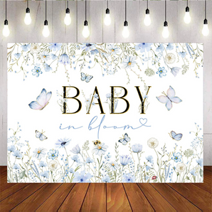 Mocsicka Blue Flowers and Butterflies Baby in Bloom Baby Shower Party Backdrop