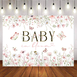 Mocsicka Pink Flowers and Butterflies Baby in Bloom Baby Shower Party Backdrop