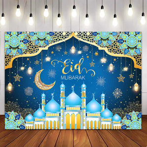 Mocsicka Blue Gold Happy Eid Mubarak Banner Ramadan Mubarak Backdrop Party Supplies Decor