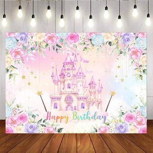Mocsicka Pink Castle Flower Girl Happy Birthday Party Backdrop
