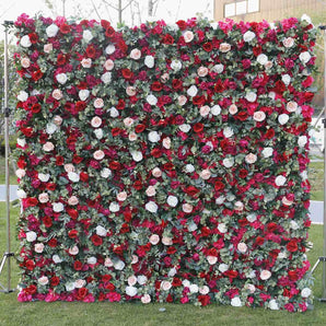 Mocsicka Wedding Red Rose and Green Plants Fabric Artificial Flower Wall Birthday Party Decor