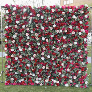 Mocsicka Wedding Red Rose and Green Plants Fabric Artificial Flower Wall Birthday Party Decor