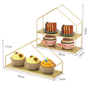 Mocsicka 2Pcs Golden Rectangular Single and Double Storey House High-end Cake Decorating Tray