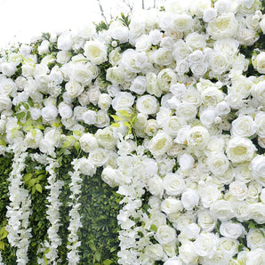 Mocsicka Pure White Flowers Green Plants Fabric Artificial  Flower Wall for Wedding Decoration