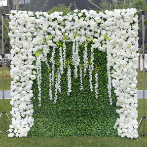 Mocsicka Pure White Flowers Green Plants Fabric Artificial  Flower Wall for Wedding Decoration