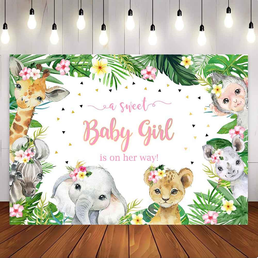[Only Ship To U.S] Mocsicka Baby Animals A Sweet Baby Girl is one her Way Baby Shower Party Backdrop-Mocsicka Party
