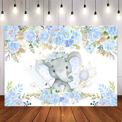[Only Ship To U.S] Mocsicka Blue Floral Elephant Baby Shower Party Backdrop-Mocsicka Party