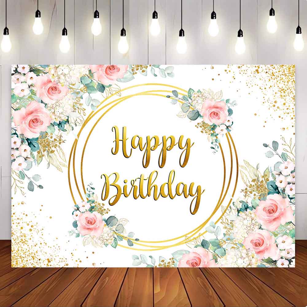 [Only Ship To U.S] Mocsicka Rose Pink Flowers Eucalyptus Leaves Happy Birthday Party Backdrop-Mocsicka Party