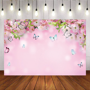 Mocsicka Spring Pink Flowers Butterfly Backdrop for Girl Birthday Party Decoration