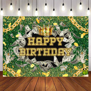 Mocsicka Green Gold Crown Diamonds Dollar Bills Cash Bash Adults Happy Birthday Party Backdrop