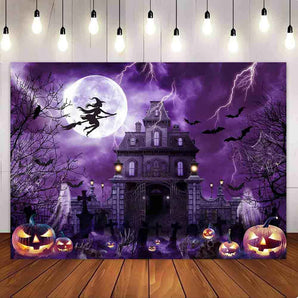 Mocsicka Purple Castle Evil Pumpkin Head Halloween Party Backdrop-Mocsicka Party