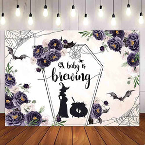 Mocsicka Dark Purple Flowers Halloween A Baby is Brewing Baby Shower Party Backdrop-Mocsicka Party