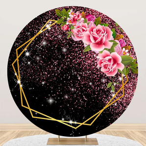 Mocsicka Black Glitter Pink and Flowers Birthday Party Round Cover Backdrop