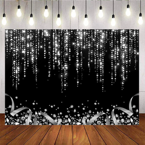 Mocsicka Black and Silver Glitter Bokeh Adult Birthday Party Backdrop