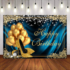 Mocsicka Happy Birthday Golden Champagne High Heels and Diamonds Backdrop-Mocsicka Party