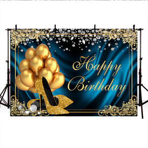 [Clearance] Mocsicka Golden Champagne High Heels and Diamonds Happy Birthday Backdrop