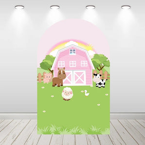 Mocsicka Pink House Farm Theme Happy Birthday Party Double-printed Arch Cover Backdrop
