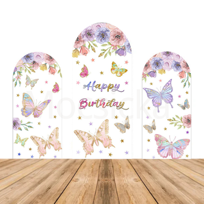Mocsicka Colorful Butterfly “Happy Birthday”  Baby Shower Double-printed Chiara Arch Cover Backdrop