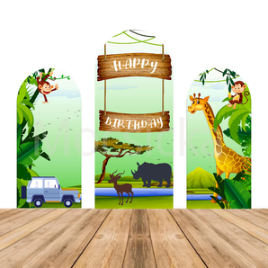 Mocsicka Safari “Happy Birthday” Baby Shower Double-printed Chiara Arch Cover Backdrop