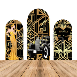 Mocsicka Gatsby Era “Happy Birthday” Double-printed Chiara Arch Cover Backdrop