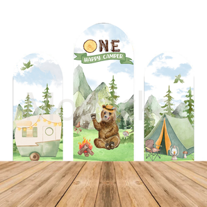 Mocsicka RV & Bear Camping “ONE Happy Camper” Baby Shower Double-printed Chiara Arch Cover Backdrop