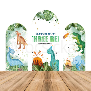 Mocsicka Dinosaur “Three Rex on the Loose” Baby Shower Double-printed Chiara Arch Cover Backdrop