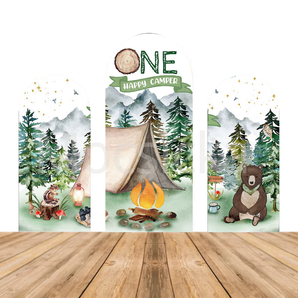 Mocsicka Camping Bear “ONE Happy Camper” Baby Shower Double-printed Chiara Arch Cover Backdrop