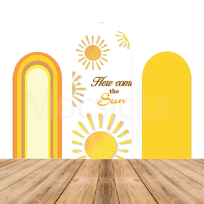 Mocsicka Retro Sun & Rainbow “Here Comes the Sun” Baby Shower Double-printed Chiara Arch Cover Backdrop