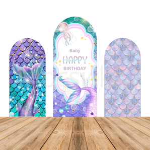 Mocsicka Mermaid Tail “Baby Happy Birthday” Baby Shower Double-printed Chiara Arch Cover Backdrop
