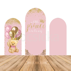 Mocsicka Bear & Gold Pink Prince Baby Shower a Little Prince Is On His Way Double-printed Chiara Arch Cover Backdrop